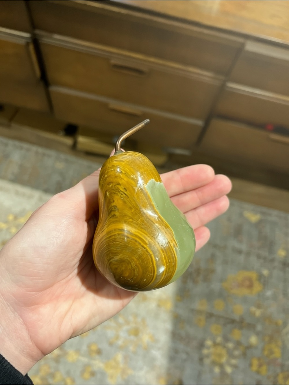 Vintage Hand Carved Stone Onyx Pear Figurine Decor MCM